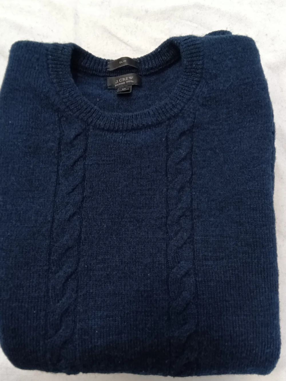 J. Crew Cable-Knit Crewneck Wool Med Slim Sweater Navy Blue Elbow Patches